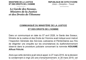 <strong>COMMUNIQUÉ DU MINISTÈRE DE LA JUSTICE ET DES DROITS DE L’HOMME</strong>