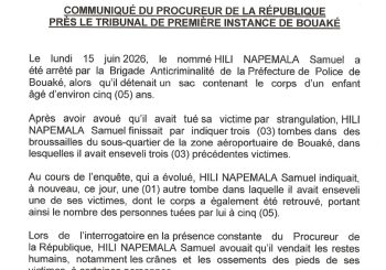 <strong>COMMUNIQUÉ DU PROCUREUR DE LA REPUBLIQUE PRÈS LE TRIBUNAL DE PREMIÈRE INSTANCE DE BOUAKÉ</strong>