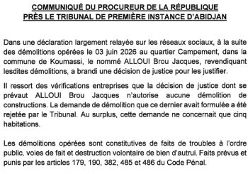 <strong>COMMUNIQUÉ DU PROCUREUR DE LA REPUBLIQUE PRÈS LE TRIBUNAL DE PREMIÈRE INSTANCE D&rsquo;ABIDJAN</strong>
