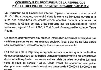 <strong>COMMUNIQUÉ DU PROCUREUR DE LA REPUBLIQUE PRÈS LE TRIBUNAL DE PREMIÈRE INSTANCE D&rsquo;ABIDJAN</strong>